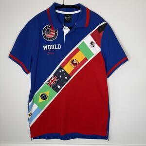World Team Polo Shirt Unisex Medium See Measurements Blue & Red Multicolor Flags